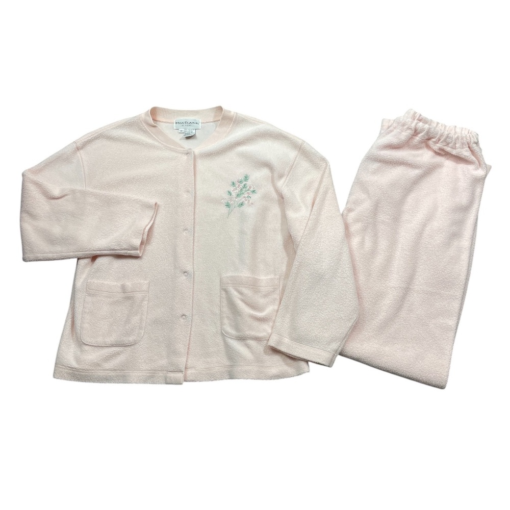 Miss Elaine Medium 2-Piece Pajama Set Pink Snap Top Elastic Waist Bottom